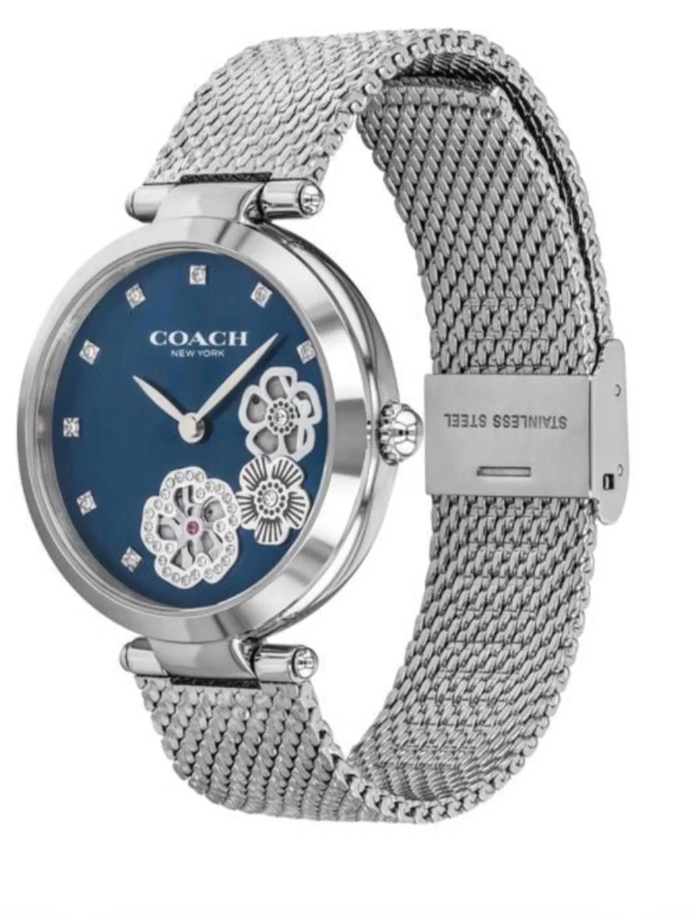 Coach Silver Mesh Bracelet Watch with Blue Dial and Floral Accents